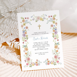 Invitación Marco de Pastel Floral y Cruz de Oro Confirmació