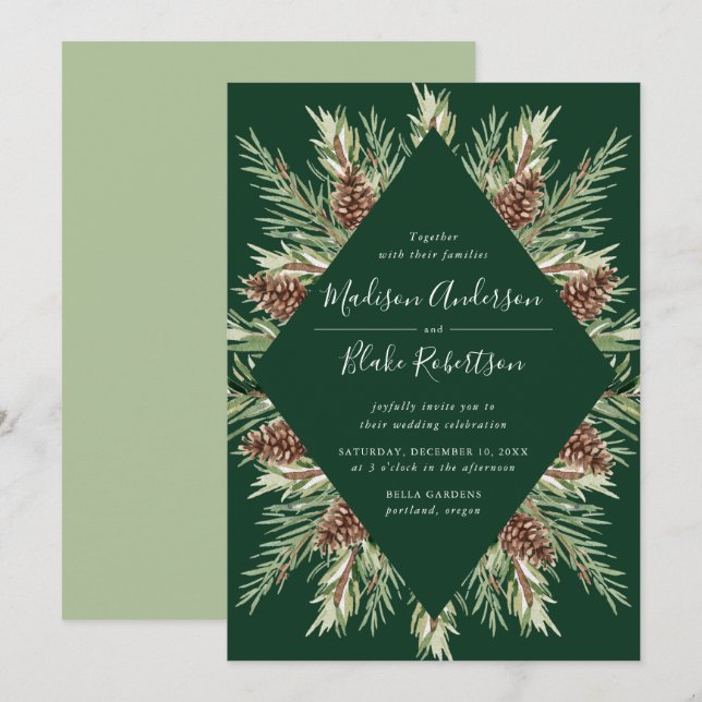 Invitación Marco de piña en acuarela de invierno Boda verde (Anverso / Reverso)