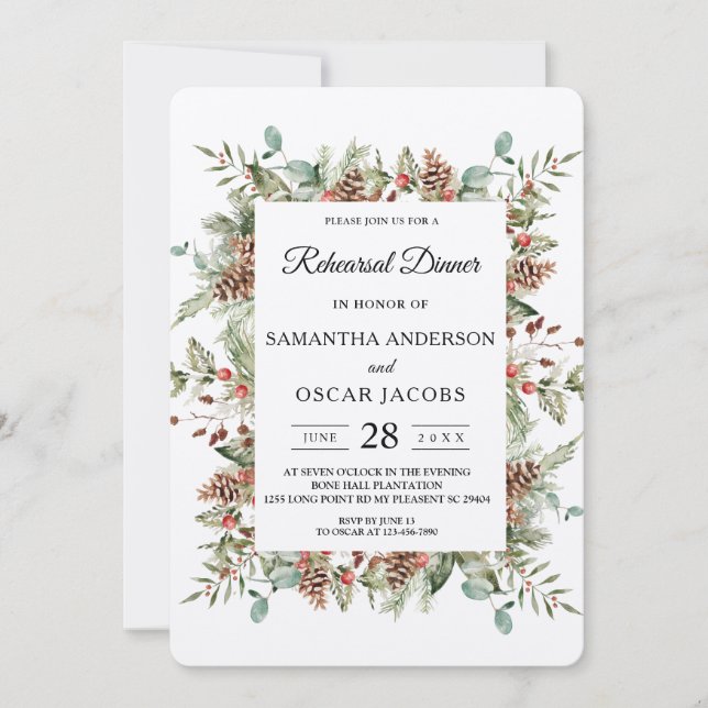 Invitación Marco de piña Kraft verde de invierno (Anverso)