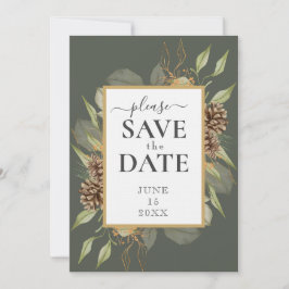 Invitación Marco de pinecona rústico en el Moss Green SAVE FE