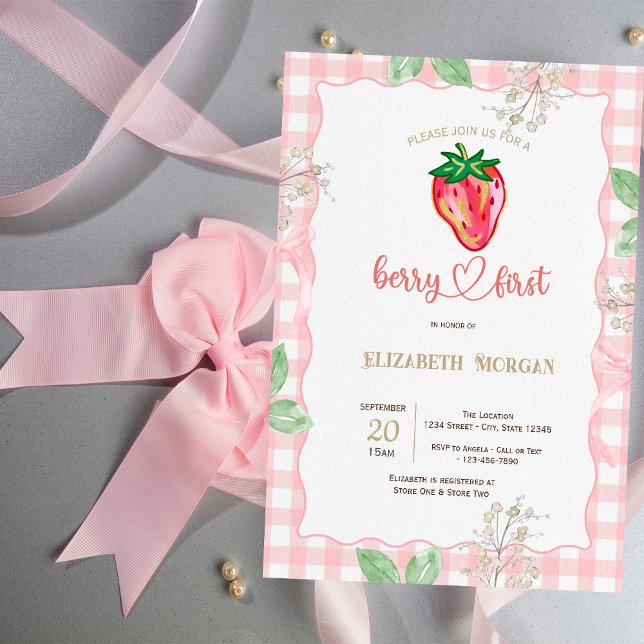 Invitación Marco de Plaid de Fresa con Brillo para Baby Showe (Subido por el creador)