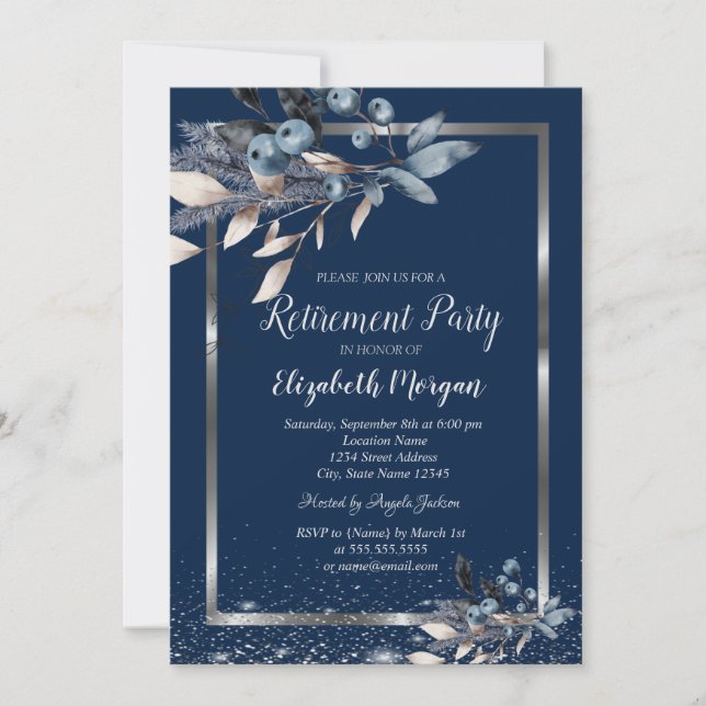 Invitación Marco de plata Confeti Flores de Invierno Jubilaci (Anverso)