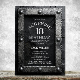 Invitación Marco de Plata Cumpleaños Sorpresa 18 Negro Pizarr