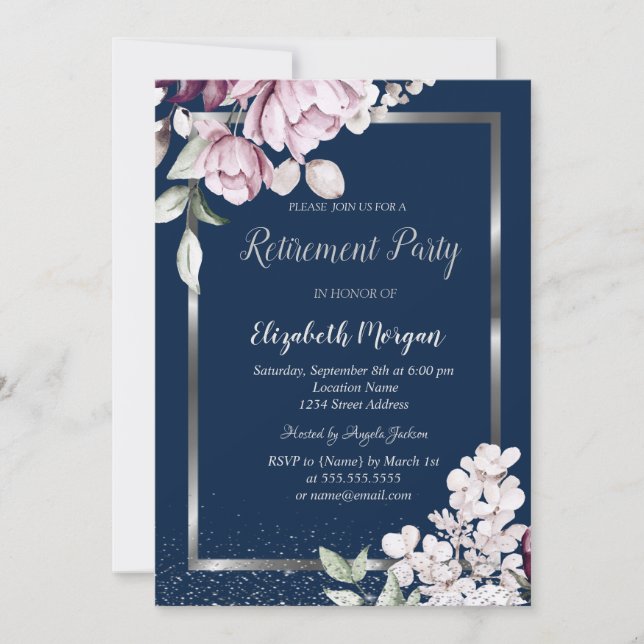Invitación Marco de plata Flores de lavanda Jubilación (Anverso)