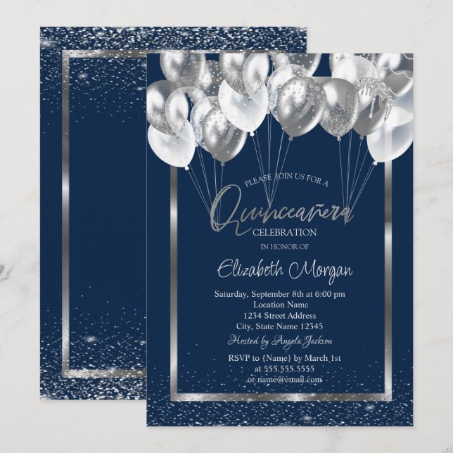 Invitación Marco de Plata Globos de Confeti Navales Quinceañe (Anverso / Reverso)