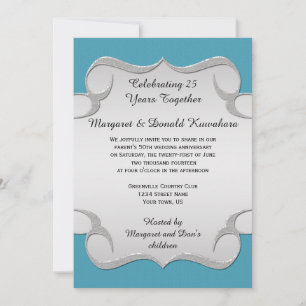 Invitación Marco de plata ornamentado azul verde para anivers