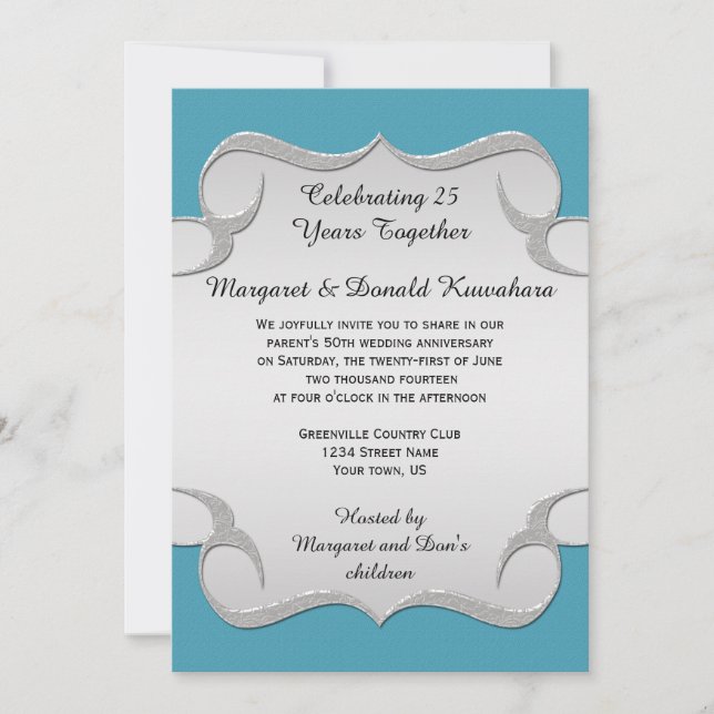 Invitación Marco de plata ornamentado azul verde para anivers (Anverso)