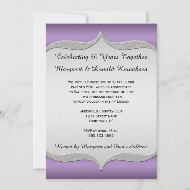 Invitación Marco de Plata Ornamentado Morado 25 Aniversario (Anverso)