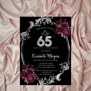 Invitación Marco de plata Rosas Borgoña Negras Cumpleaños 65