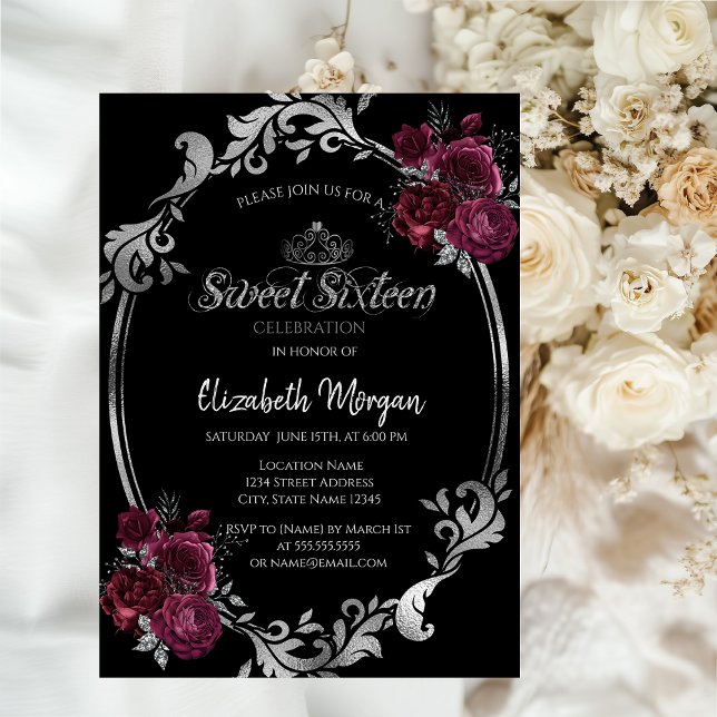 Invitación Marco de Plata Rosas Burdeos Dulces 16 Negros (Subido por el creador)