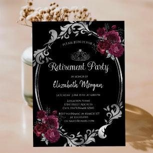 Invitación Marco de plata Rosas Burdeos Jubilación Negra