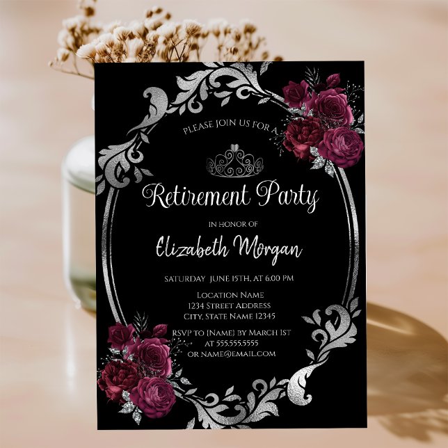 Invitación Marco de plata Rosas Burdeos Jubilación Negra (Subido por el creador)