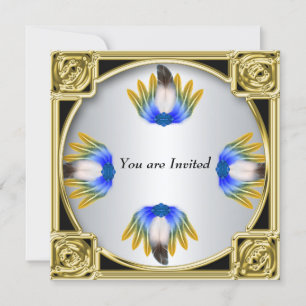 Invitación Marco de plata y oro con pluma azul