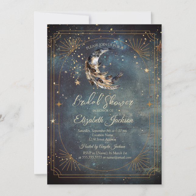Invitación Marco de pluma de luna celestial Bridal Shower (Anverso)