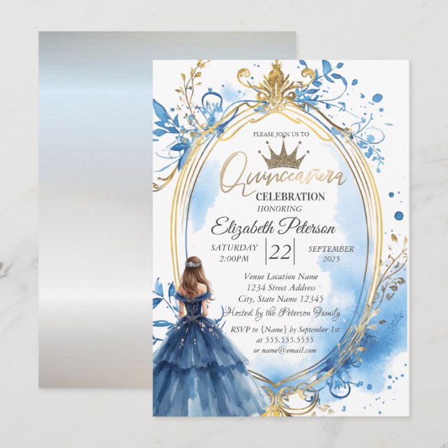 Invitación Marco de Princesa de Vestido Azul (Anverso / Reverso)