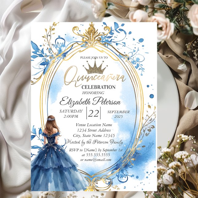 Invitación Marco de Princesa de Vestido Azul Dorado (Subido por el creador)