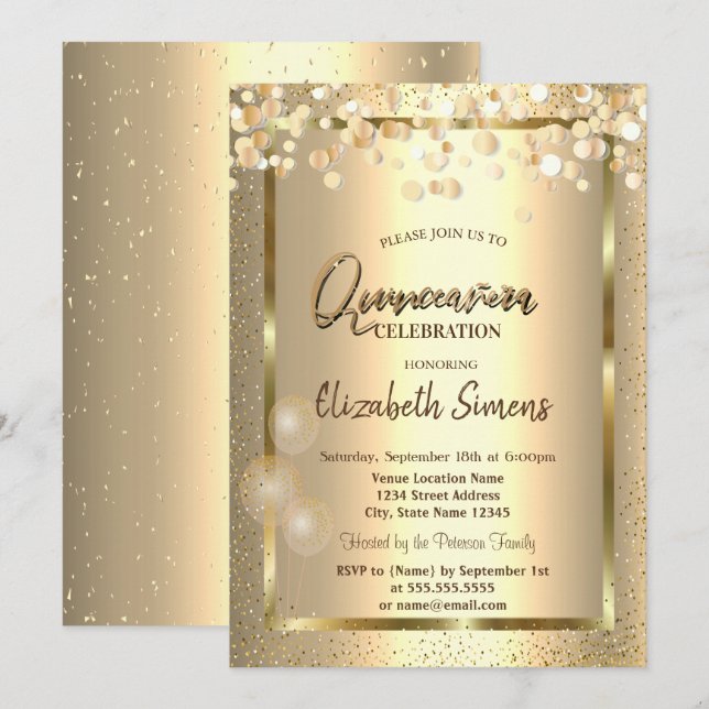 Invitación Marco de puntos de confeti dorados Globos Quinceañ (Anverso / Reverso)