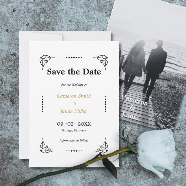 Invitación Marco de puntos de puntos en blanco y negro para g (Black & White Leaves Dots Frame Save The Date Invitation)