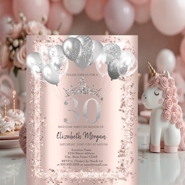 Invitación Marco de purpurina, Corona de plata, Globos Cumple (Subido por el creador)