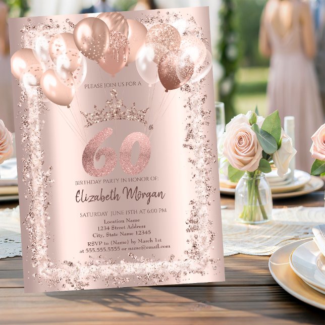 Invitación Marco de purpurina, Corona, Globos 60 Cumpleaños (Subido por el creador)