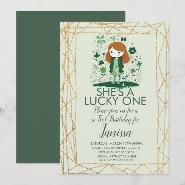Invitación Marco de Purpurina de San Patrón Chica de cumpleañ (Anverso / Reverso)