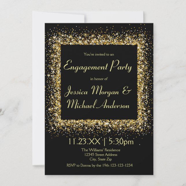 Invitación Marco de purpurina dorada - Fiesta de compromiso (Anverso)