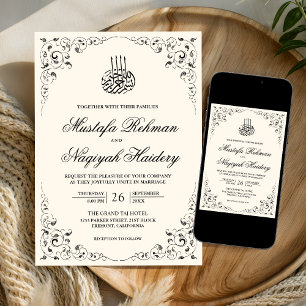 Invitación Marco de remolino rústico crema negro boda musulma