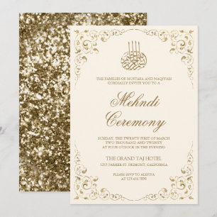Invitación Marco de remolino rústico Crema y dorado Mehndi mu