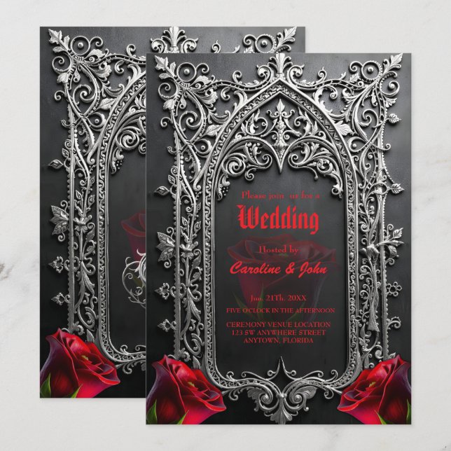 Invitación Marco de Rosa de Boda Gótica Elegante (Anverso / Reverso)