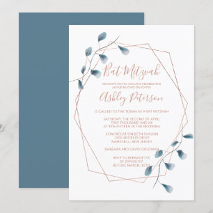 Invitación Marco de rosa dorado acuarela chic azul Bat Mitzva