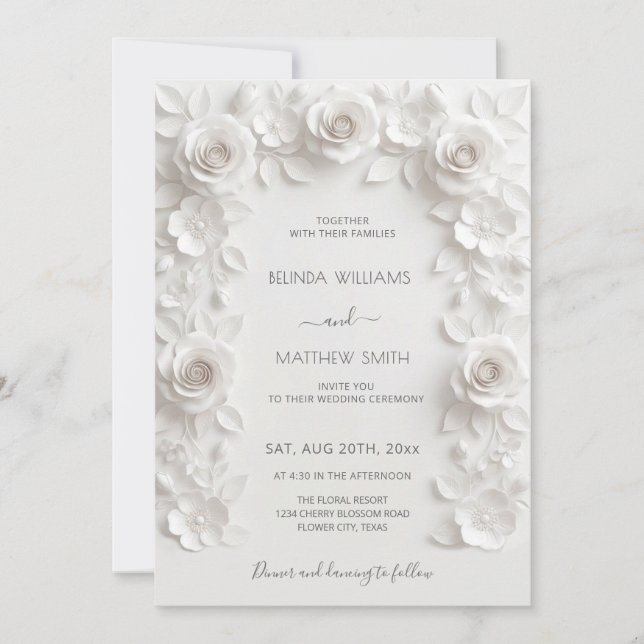 Invitación Marco de Rosas 3D Blancas Boda Simple (Anverso)