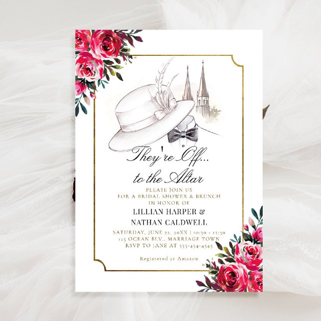 Invitación Marco de Rosas de ducha de novia del Boda Derby de (kentucky derby bridal shower invitation red roses churchill spires horse racing theme gold frame)