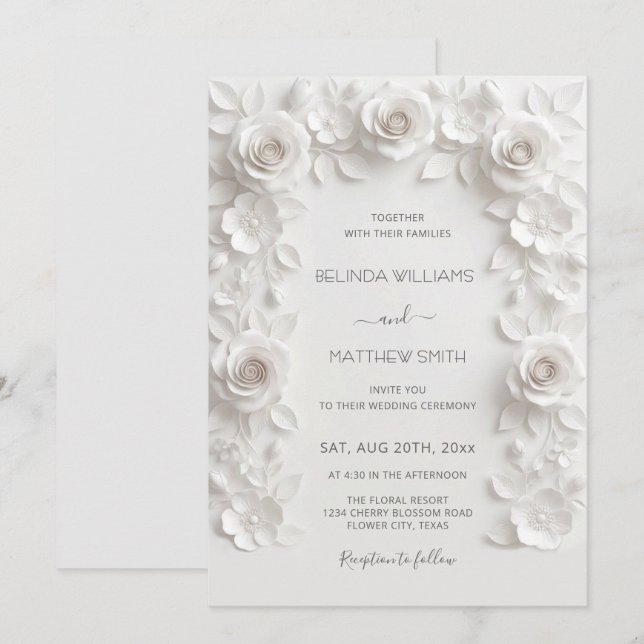 Invitación Marco de Rosas de Relieve Falso Blanco Boda Minima (Anverso / Reverso)
