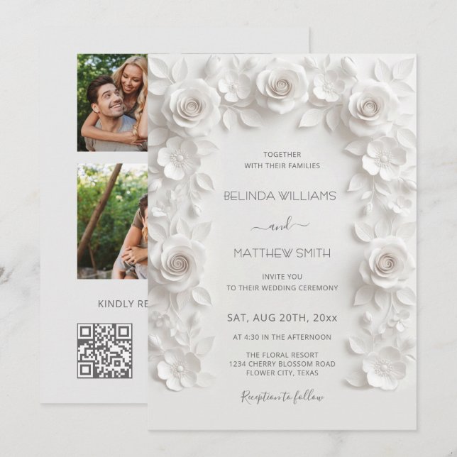 Invitación Marco de Rosas de Relieve Falso Blanco para 3 Foto (Anverso / Reverso)