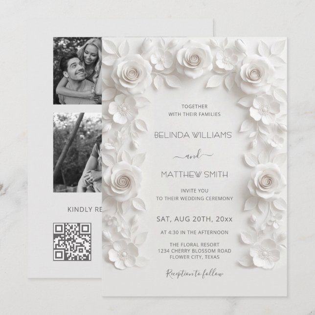 Invitación Marco de Rosas de Relieve Falso Blanco para 3 Foto (Anverso / Reverso)