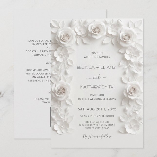 Invitación Marco de Rosas de Relieve Falso Blanco Todo en Uno (Anverso / Reverso)