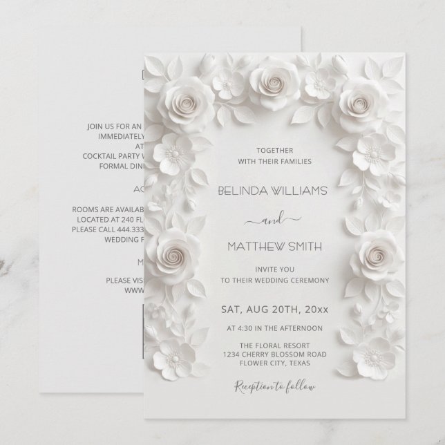 Invitación Marco de Rosas de Relieve Falso Blanco Todo en Uno (Anverso / Reverso)