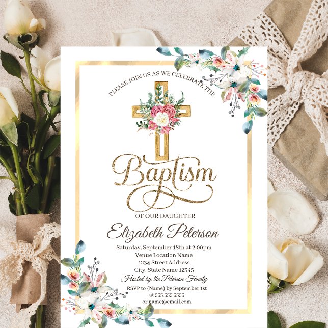 Invitación Marco de Rosas Florales Cruz Bautizo (Subido por el creador)