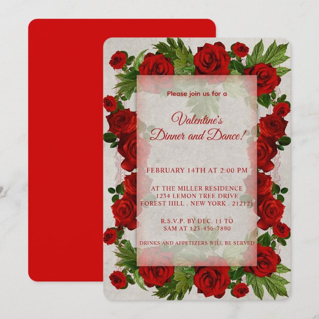 Invitación Marco de rosas rojas el día de San Valentín (Anverso / Reverso)
