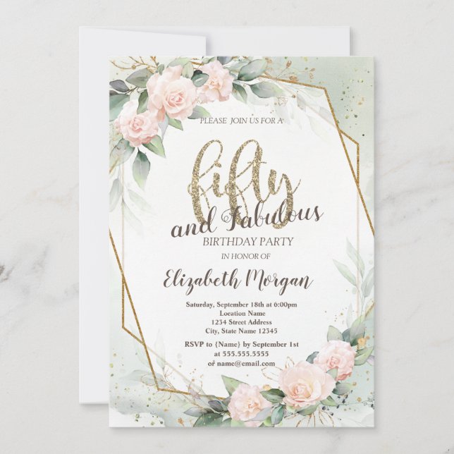 Invitación Marco de rosas rosadas Confetti Verde 50 cumpleaño (Anverso)