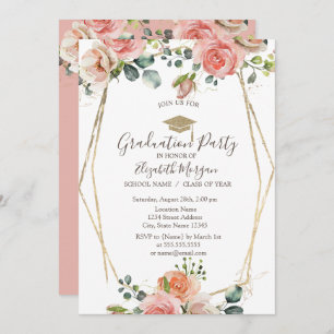 Invitación Marco de Rosas Rubor, tapón de grado, graduación