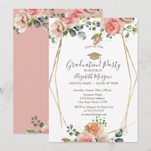 Invitación Marco de rosas sonrojadas, gorra de graduación, gr