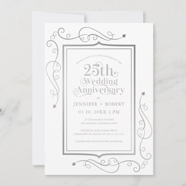 Invitación Marco de seda del 25° Aniversario del Boda (Anverso)
