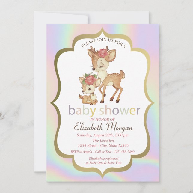 Invitación Marco de venado de bebé lindo Baby Shower holográf (Anverso)