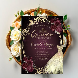 Invitación Marco de vestido dorado con rosas borgoña Quinceañ