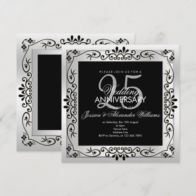 Invitación Marco Decorativo Plateado Chic de Bodas de Plata (Anverso / Reverso)