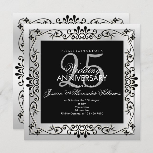 Invitación Marco Decorativo Plateado Chic para Aniversario nú (Anverso / Reverso)