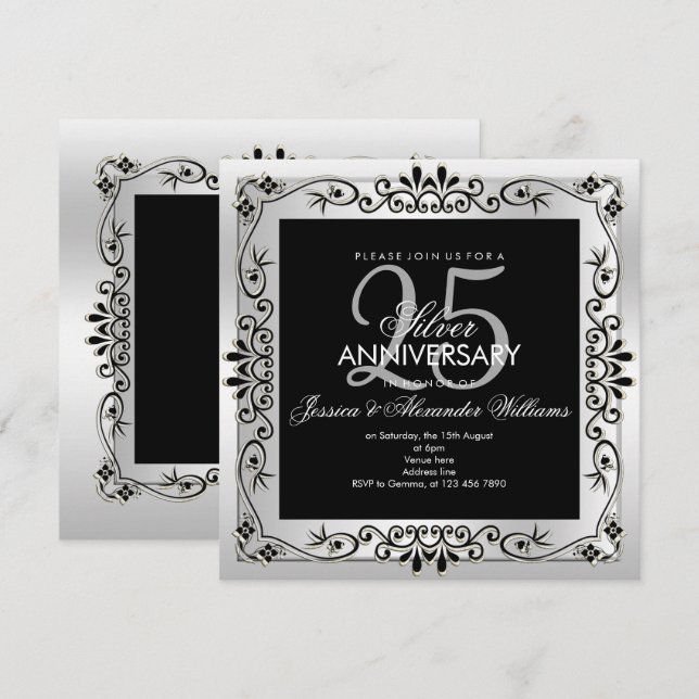 Invitación Marco Decorativo Plateado Chic para el 25 Aniversa (Anverso / Reverso)