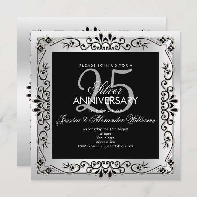 Invitación Marco decorativo plateado elegante para vigésimo q (Anverso / Reverso)
