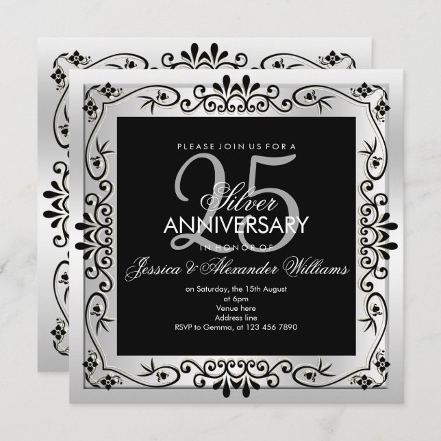 Invitación Marco decorativo plateado elegante para vigésimo q (Anverso / Reverso)